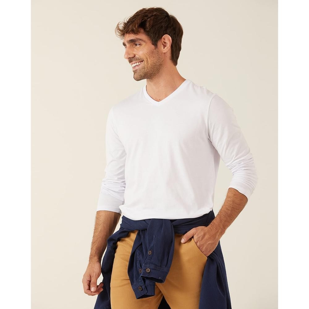 Camiseta Básica Masculina Decote V Manga Longa  Em Algodão em Oferta na Shopee