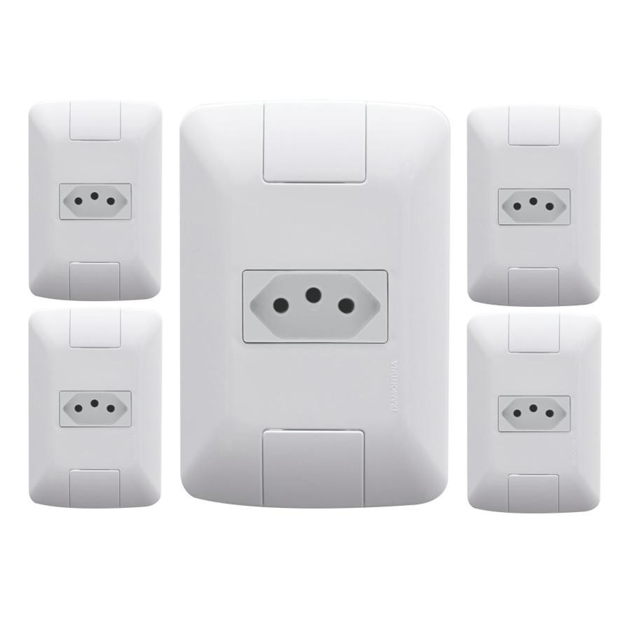 Kit 5 Conjunto Tomada Tramontina Aria 4x2 10a Simples Branca Completa Com Tampa 3 polos