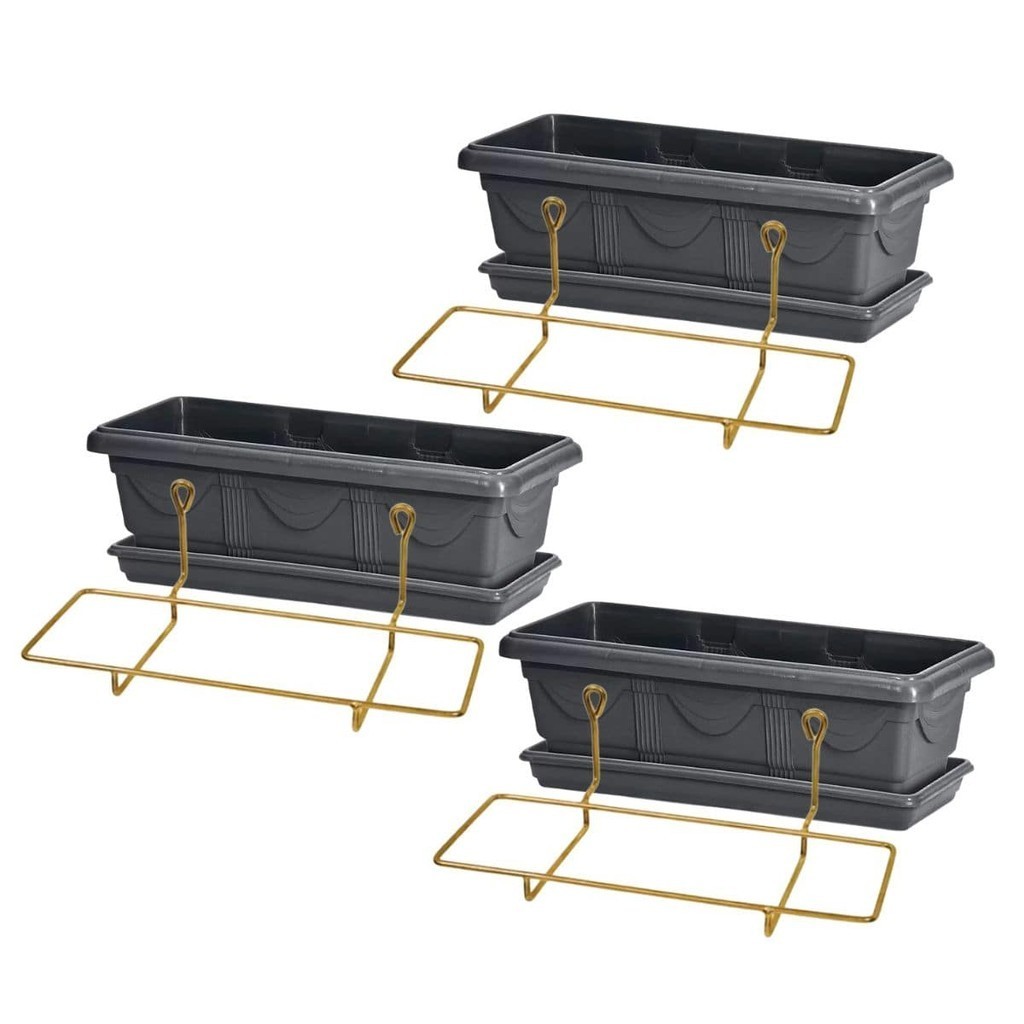3 Vaso Jardineira De Plástico Com Prato Brinde 35cm Suspenso Com Suporte Mão Francesa Dourado Para Pendurar na Parede