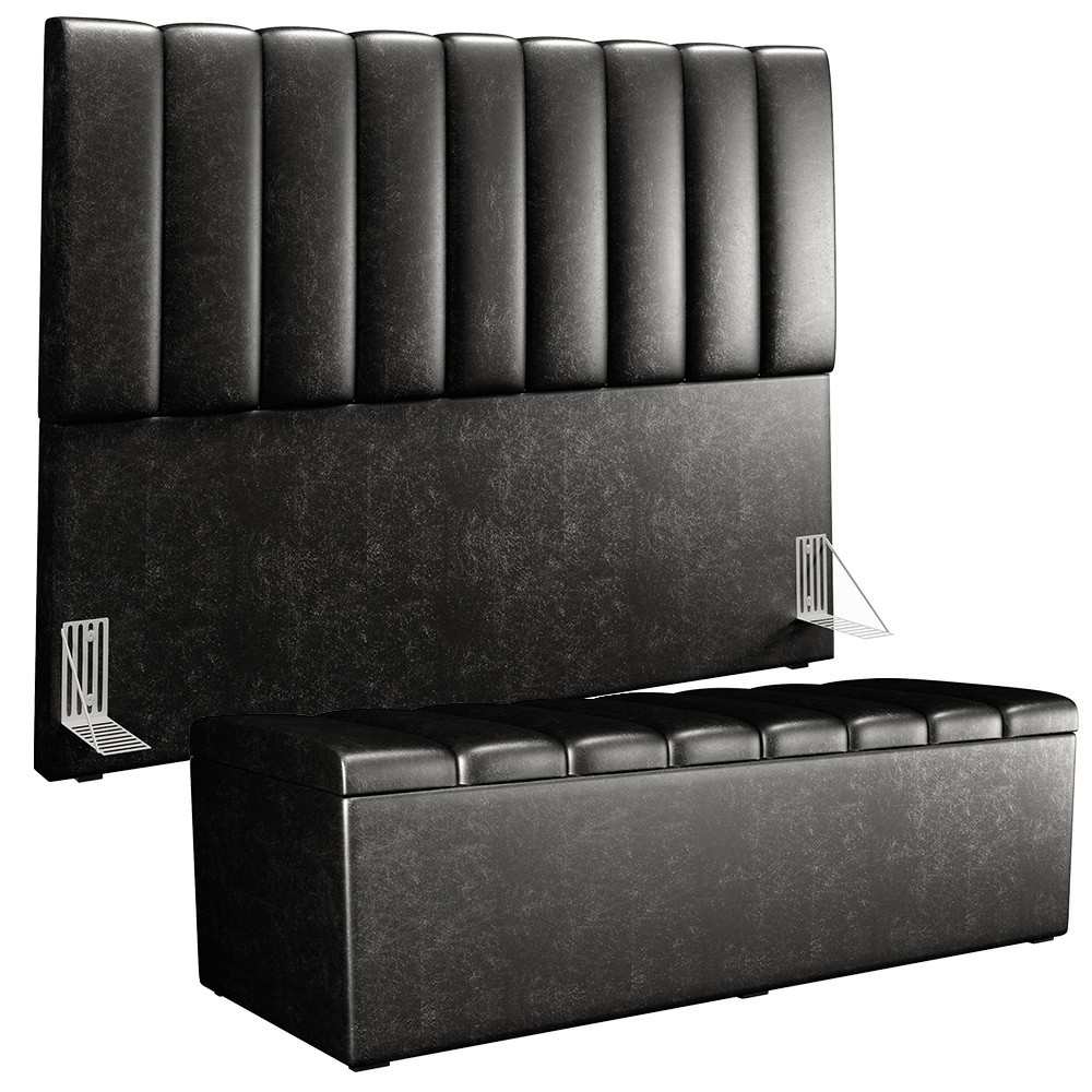Kit Cabeceira Cama Box Casal King 195cm com Calçadeira Baú Dália W01 Couríssimo Preto - Lyam