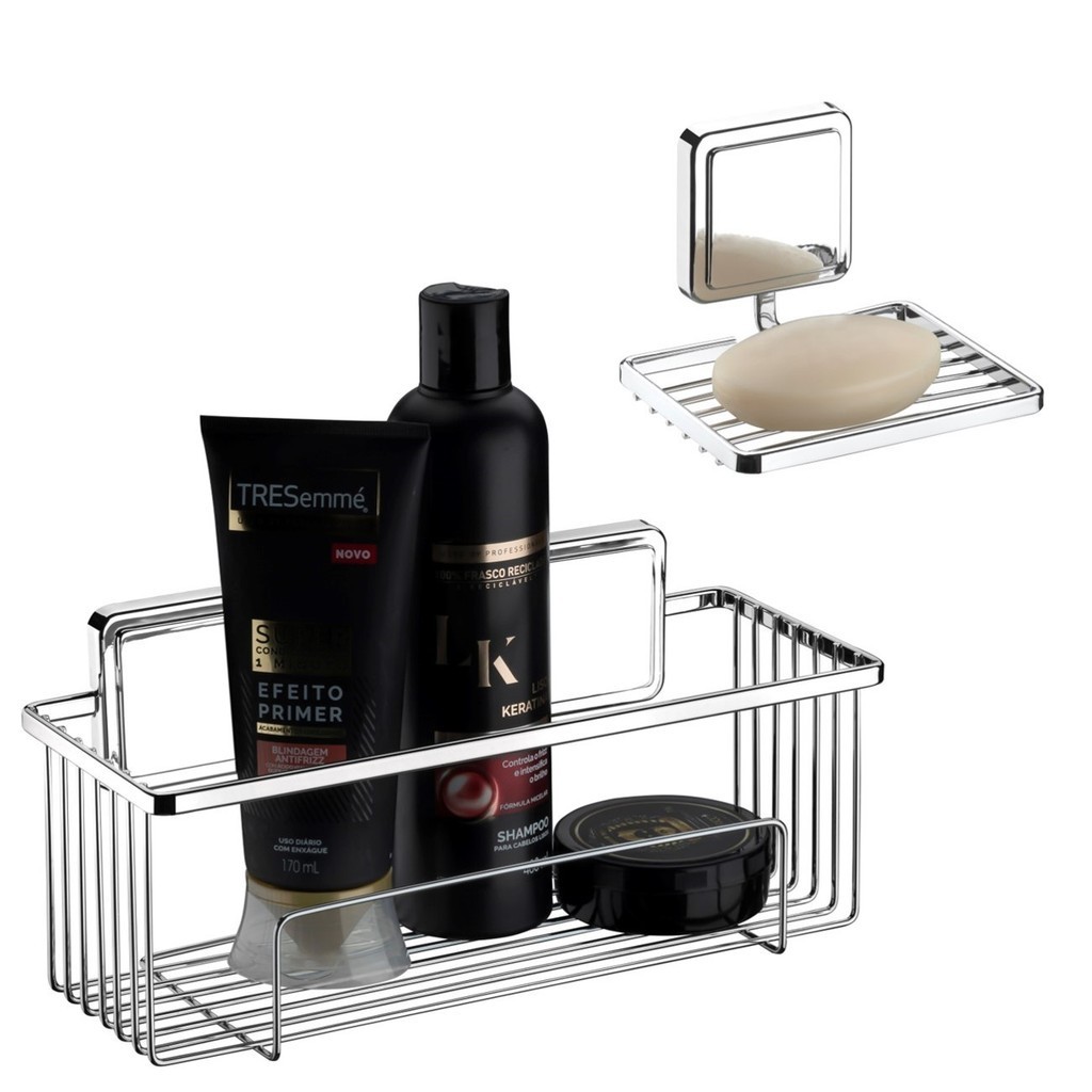 Kit Suporte Porta Shampoo Prateleira Saboneteira Banheiro Adesivo Dupla Face Cromado - Future
