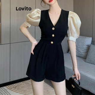 Lovito Macacão Colorblock Elegante Com Botão Liso Para Mulheres LNE36108 (Preto)