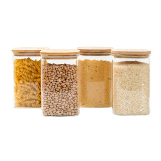 Kit 4 potes de vidro 1,1L tampa de bambu herméticos quadrado - Tud em Oferta na Shopee