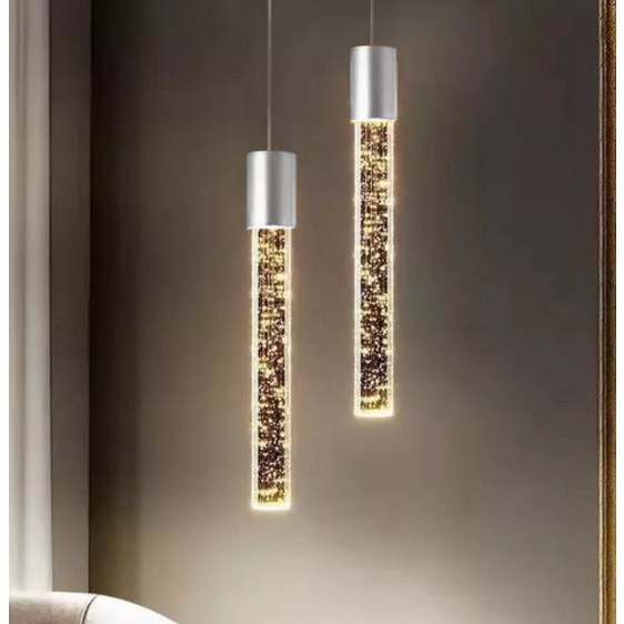 Lustre Pendente Tubo Cristal Bolhas Bivolt - Prateado DOUDADO