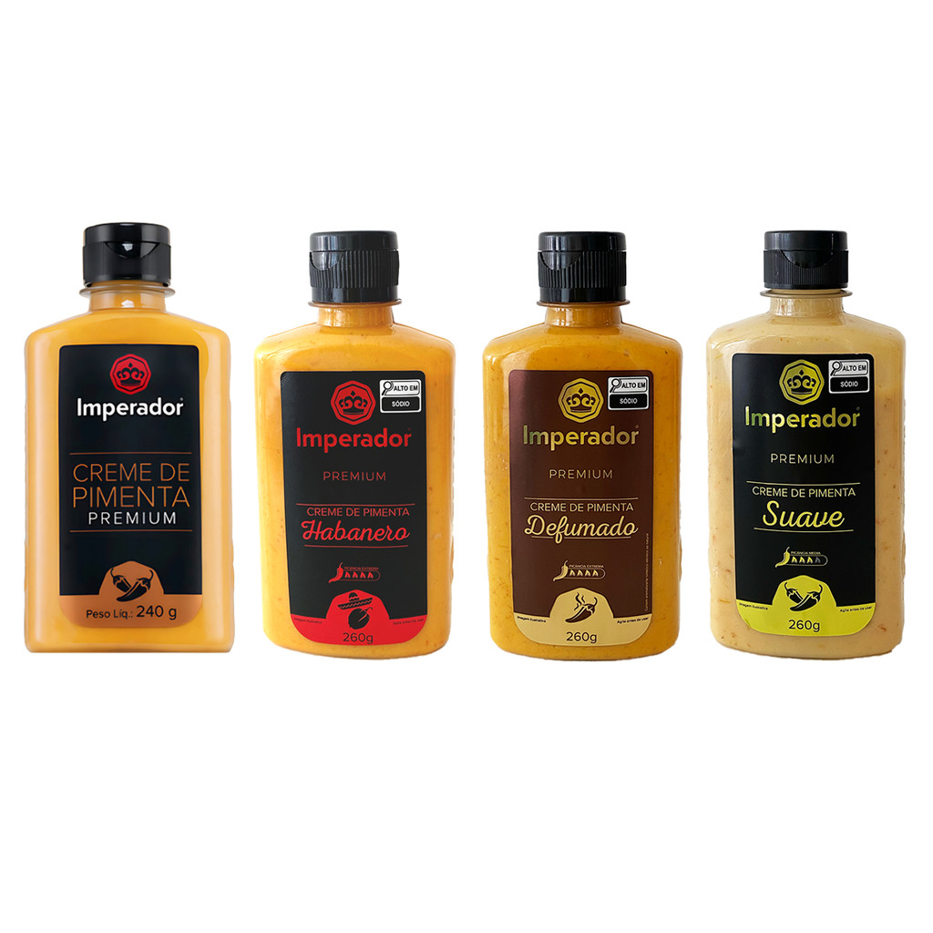 Kit de Creme de Pimenta Premium Imperador com 4 und. Tradicional, Suave, Habanero e Defumado 240gr