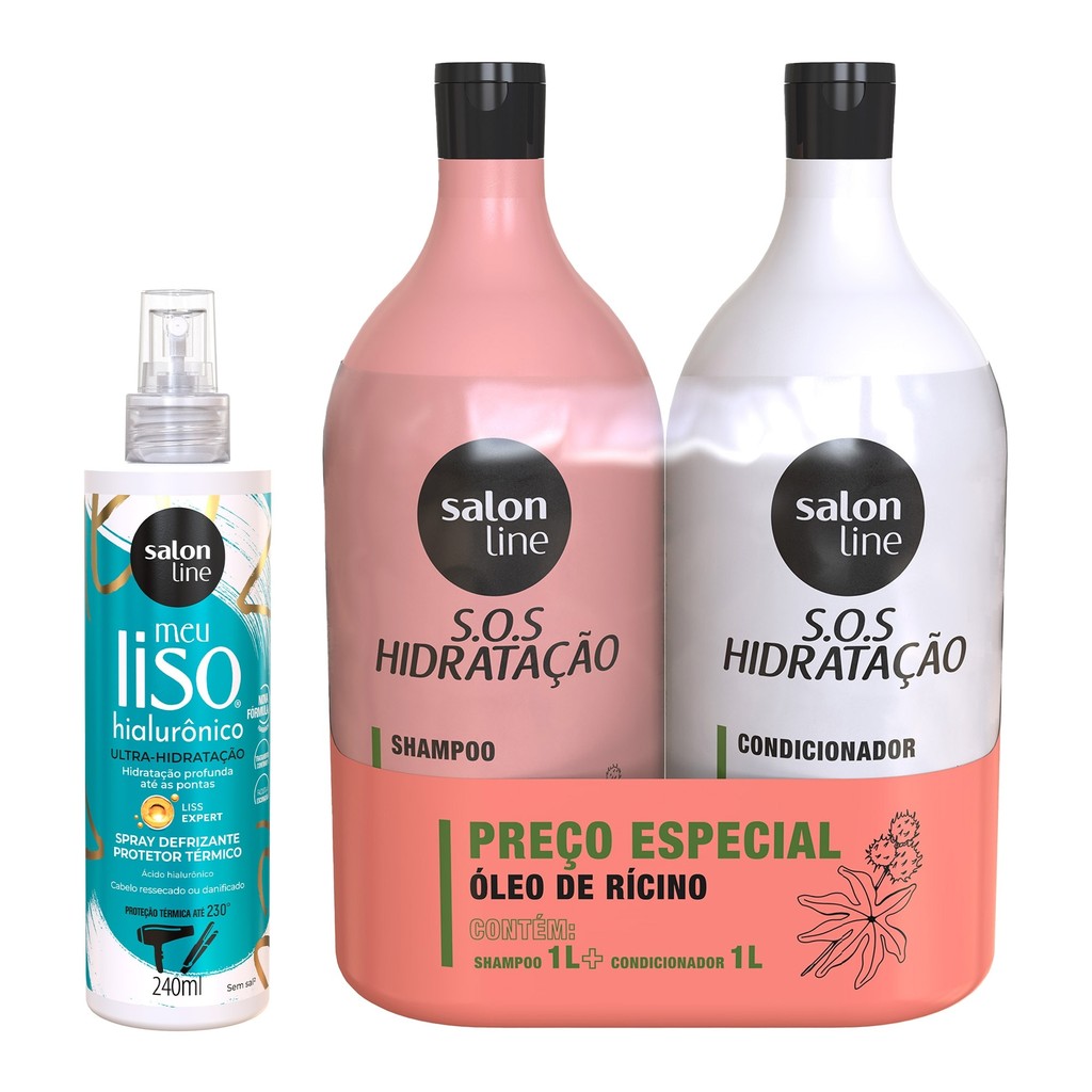 Kit com Shampoo e Condicionador Litrão SOS Hidratação + Spray Protetor Térmico Meu Liso Salon Line - Beauty