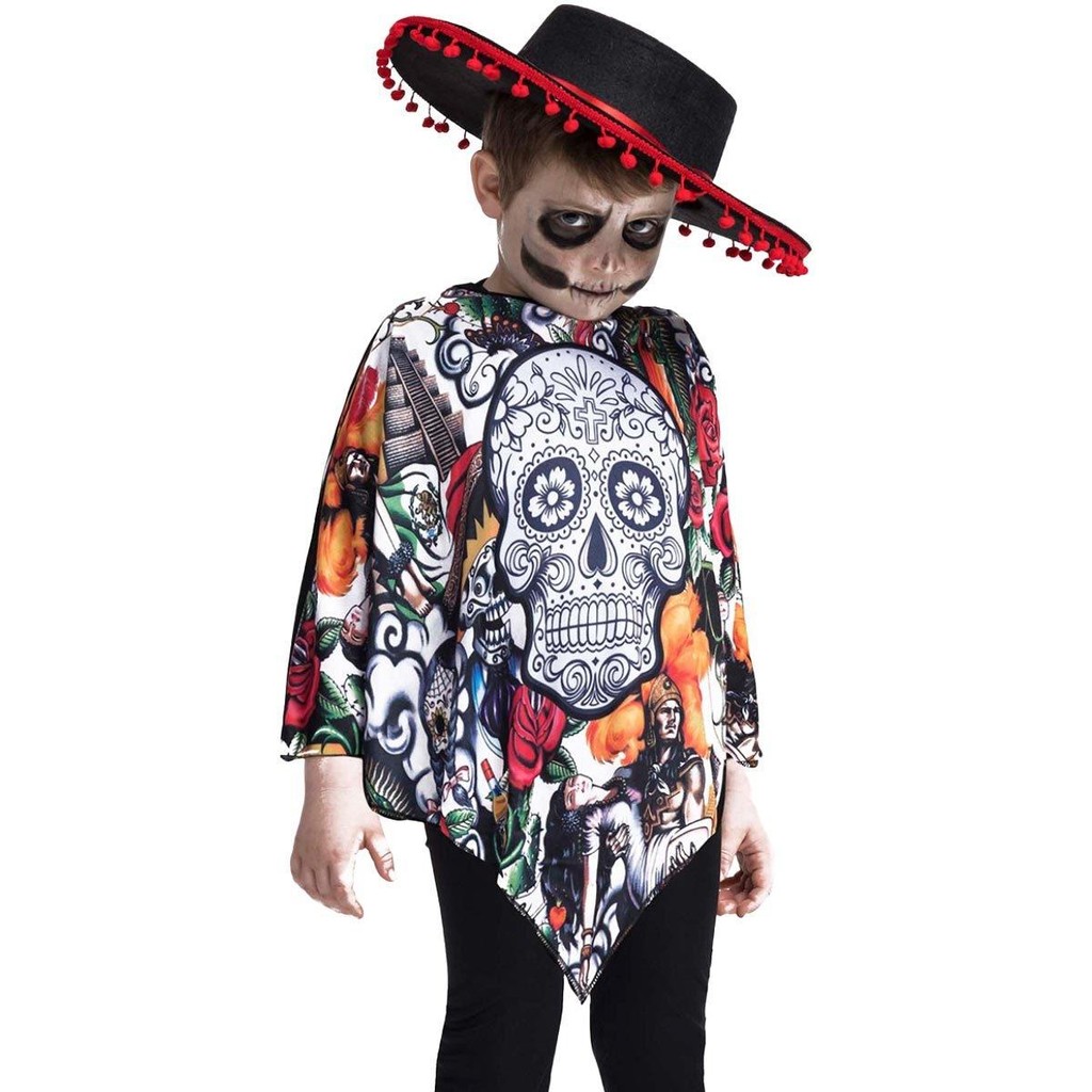 Fantasia Caveira Mexicana Infantil de Halloween Poncho em Oferta na Shopee