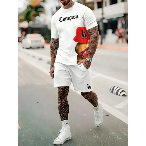 Conjunto Masculino bermuda+camiseta Urso Los Angeles Camiseta r Masculina + Bermuda Moletom Estampada Kit