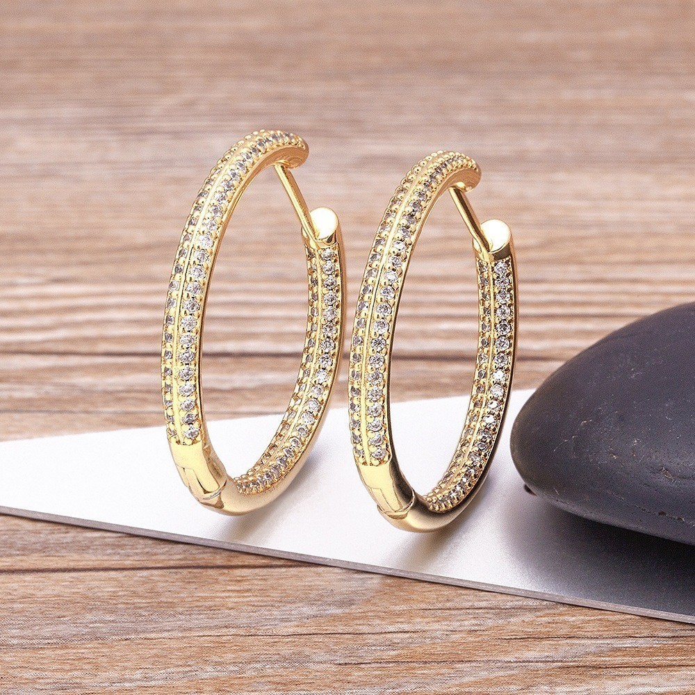 Brincos De Zircônio Dourado Para Mulheres Redondos De Design Simples Grandes  Joias Banhado a Ouro 18k