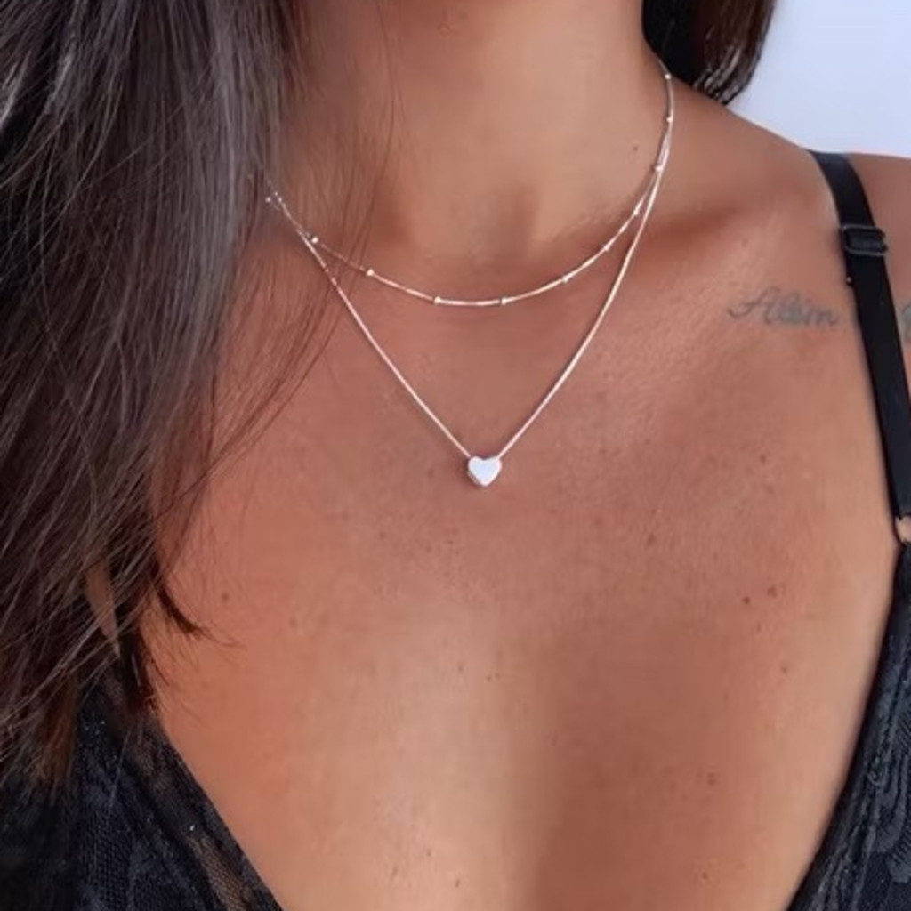 Colar gargantilha bolinhas banhado Prata 925 + Colar coração transpassado chapado banhado Prata 925 a ouro 18K