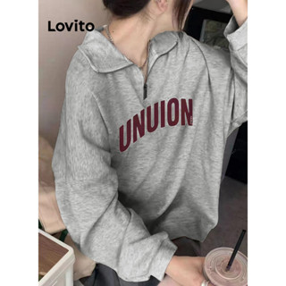 Lovito Casual Moletom Feminino de Manga Comprida com Estampa de Texto e Gola Polo LNA26159 (Cinza)