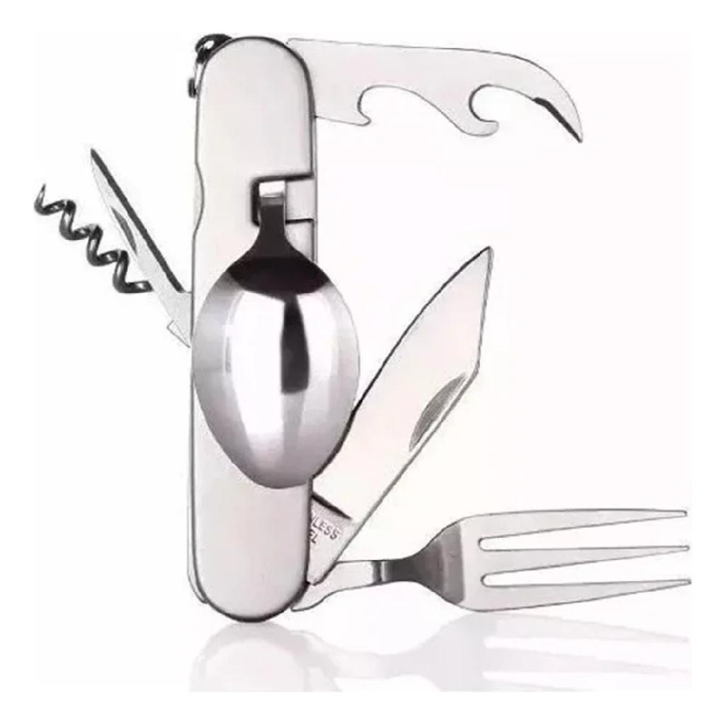 Kit Canivete Multifuncional Inox 18cm Garfo Colher Faca Abridor Talheres Camping Trilha Pesca