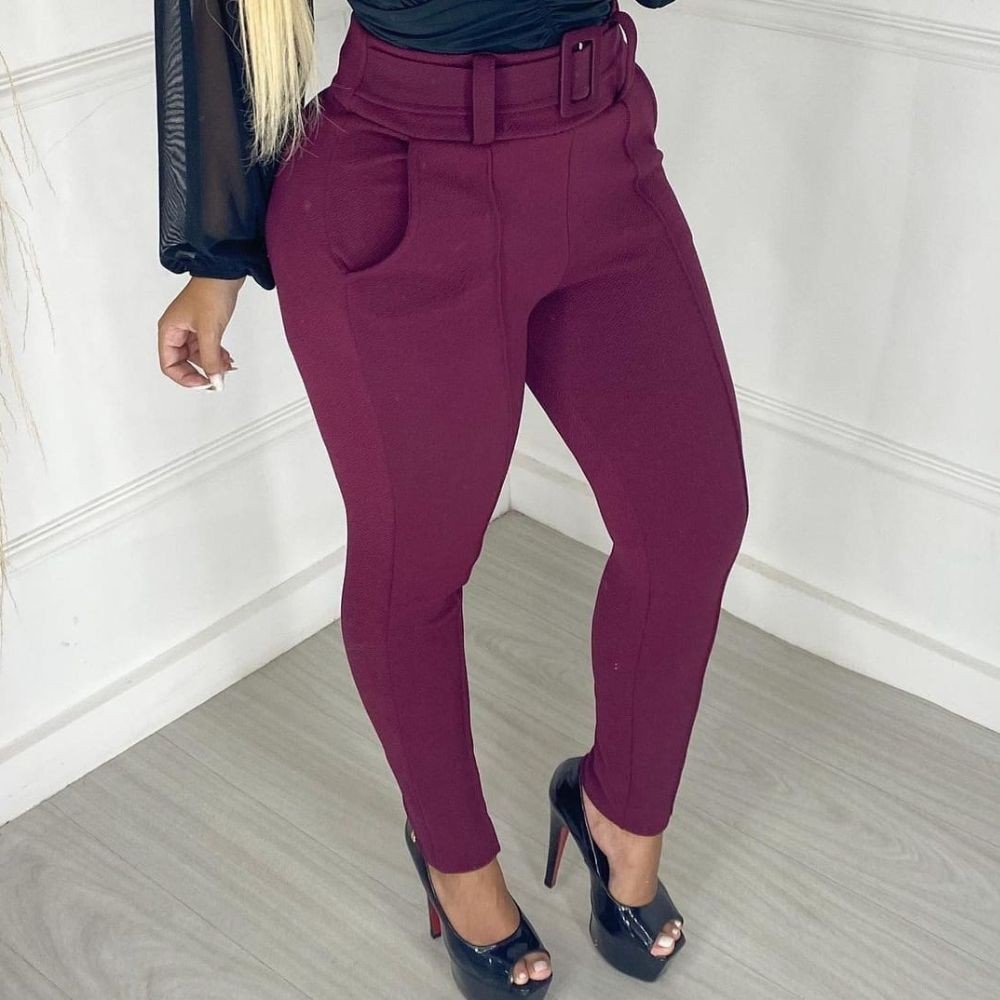 Calça Feminina Legging Skinny Cintura Alta Com Cinto em Oferta na Shopee
