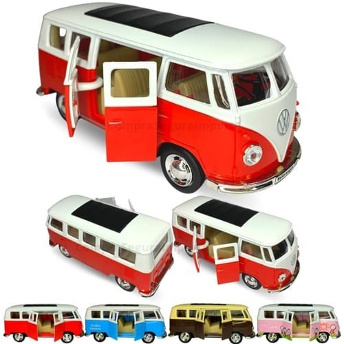 Carrinho de Ferro Volkswagen Kombi Brinquedo tamanho 12cm Escala 1/32 Com Aberturas de Portas
