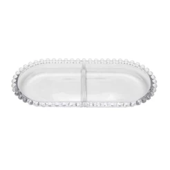 Petisqueira de Cristal 24cm Oval Pearl Wolff com Divisória a Petiscos Queijos Castanhas Azeitonas Molhos Mesa Posta Casa