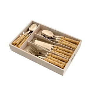 Faqueiro 24 Peças Wolff Bambu de Aço Inox Dourado