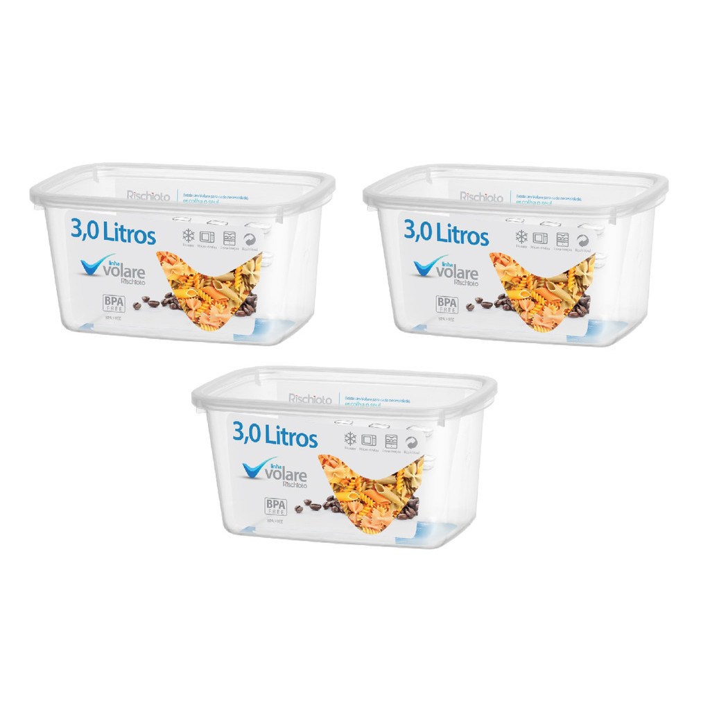 Kit 3 Potes Retangular Transparente Com Tampa Volare 3,0 L em Oferta na Shopee