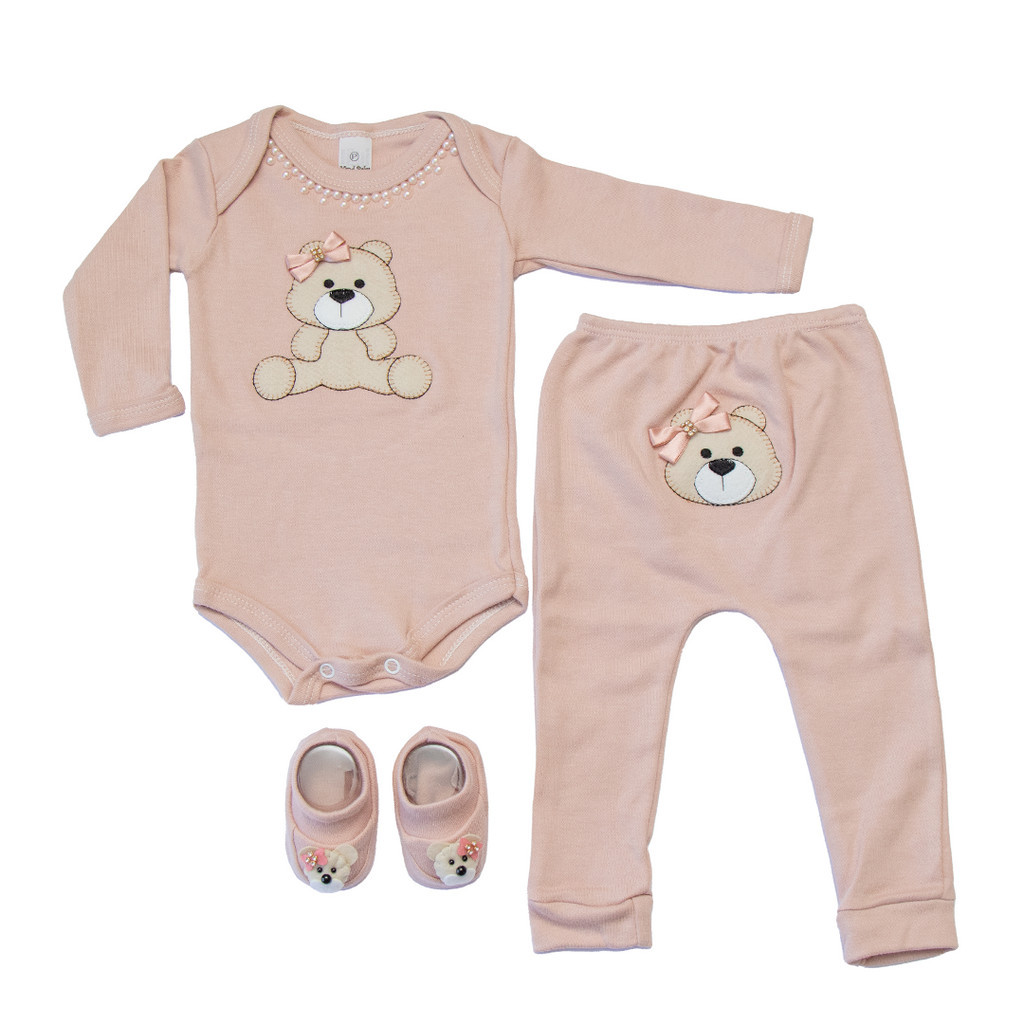 Body Bebê menina Conjunto 3 peças e mijão bordado ursinha teddy em Oferta na Shopee