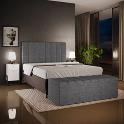 Kit Cabeceira Cama Box Queen 160cm Calçadeira Baú Dália W01 Linho Cinza Escuro - Lyam Decor