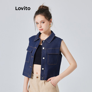 Lovito Casual Blusa Jeans com Bolsos e Botões para Mulheres L74ED003 (Azul)