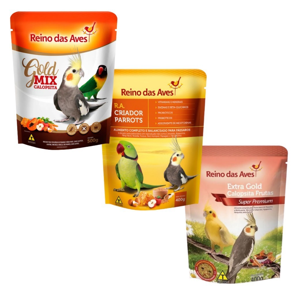 Kit - Gold Mix de Sementes 500g + Ração Extra Gold Calopsita Frutas 400g + Farinhada R.A Criador Parrots 400g