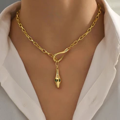 Vnox Paper Clip Chain Zircon Snake Pendant Necklace Para Menina Feminina , 18K Gold Retro Gargantilha De Aço Inoxidável Jóias