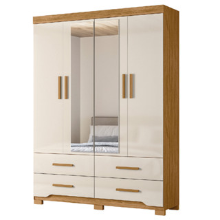 Guarda Roupas Casal Com Espelho 4 Portas 4 Gavetas Miami Madeirado / Off White Moval em Oferta na Shopee
