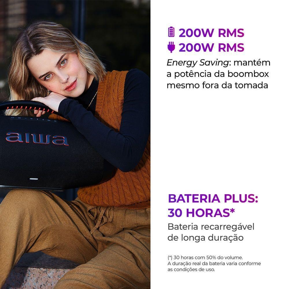 Detalhes do Caixa De Som Boombox Plus Aiwa BBS-01-B 200W Bluetooth 30h IP66 USB Preto Boombox AWS-BBS-01-B Bivolt