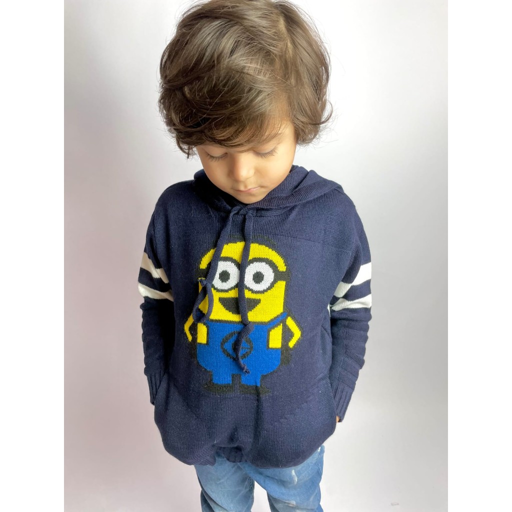 Blusa Tricô Infantil Inverno Lã Capuz Bolso Manga Longa Minions listas link Moletom