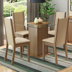 Conjunto Sala de Jantar Mesa Tampo de Vidro com 4 Cadeiras Rustic/Crema/Pérola Madesa Aline