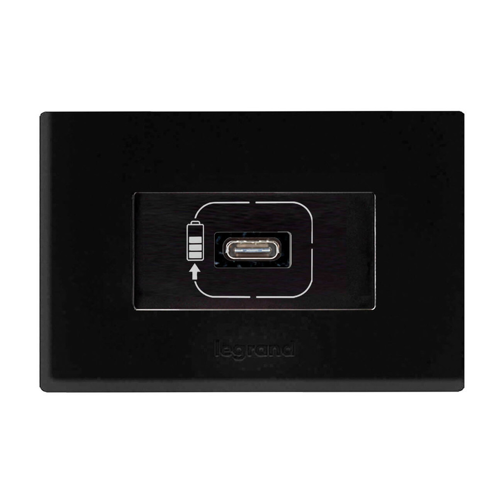 Kit Tomada USB-C Simples 1500mAh Com Placa Embutir em Móveis Preto PIAL Plus+ Legrand