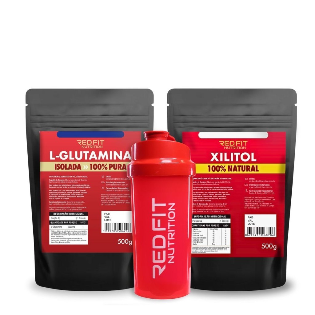 Kit Suplemento em pó Red Fit Nutrition Importado 100% Puro L-Glutamina 500g Adoçante Xilitol 500g