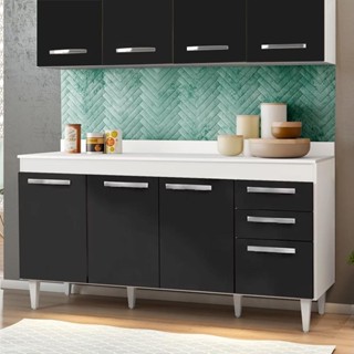 Balcão 150cm Com Tampo Lisboa 4pts 2gav Branco/Preto - Lumil Móveis em Oferta na Shopee