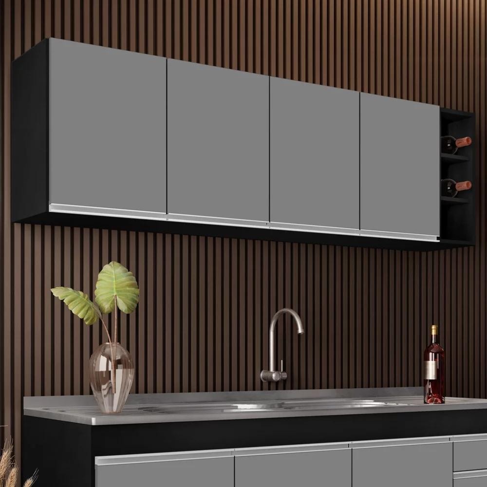 Armário Aéreo Nevada com Nicho 180cm 4 Portas Preto/Cinza - Lumil - Home & Living