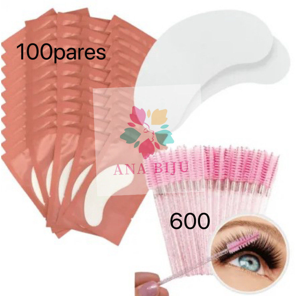 KIT 100 Pares de Gel Pads (200 Unidades)+KIT 600 escovinhas com glitter de Pálpebras para Extensão de Cílios