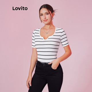 Lovito Camiseta com Faixa de Contraste Listrada Casual para Mulheres LBL08294