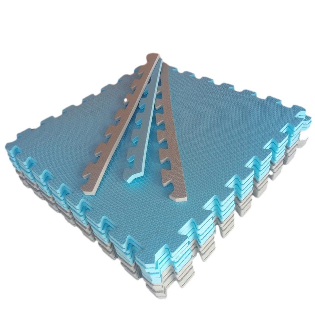 Kit 12 Tatame Tapete EVA 50x50x1cm 10mm Azul Bebê e Cinza Claro Menino Infantil Bebê Criança