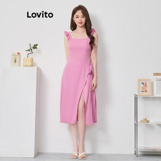Lovito Casual Vestido Feminino Liso Assimétrico Amarrado L74ED328
