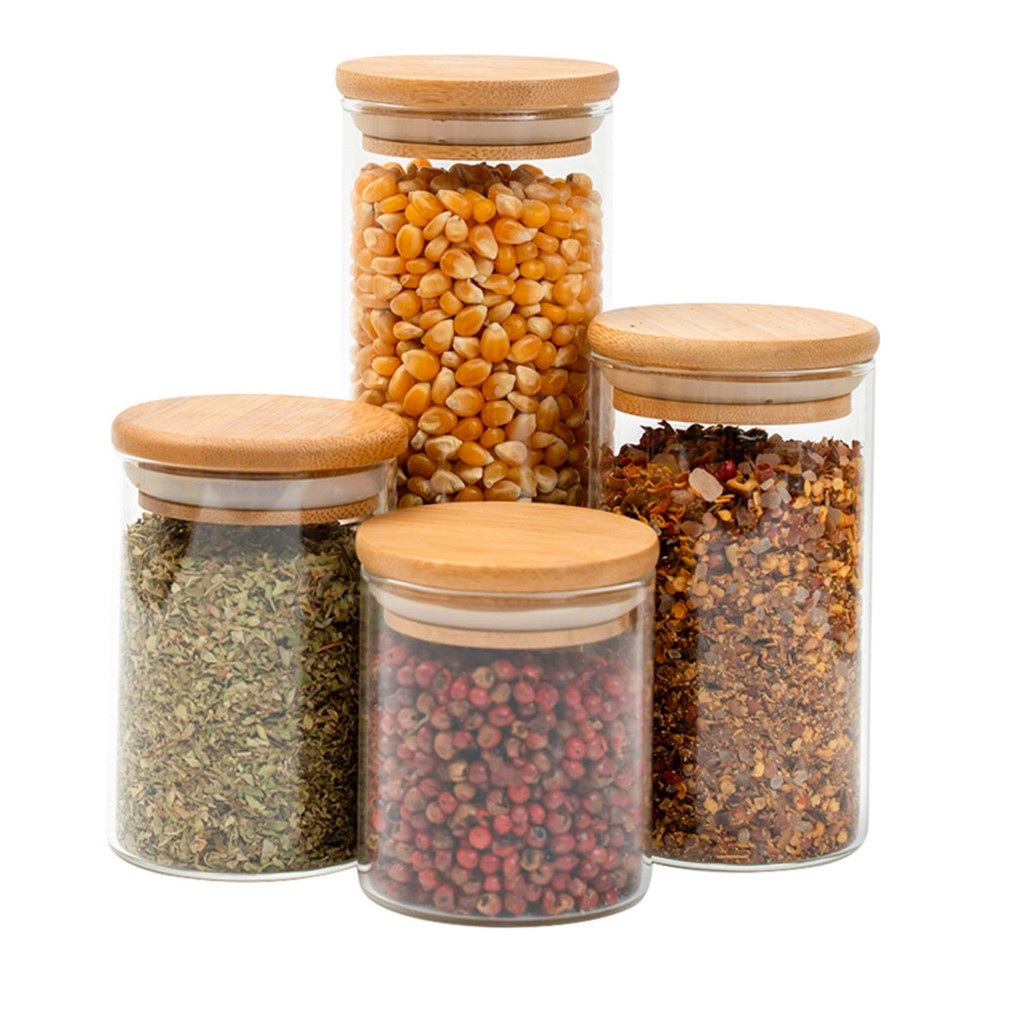 Kit 4 potes de vidro tampa de bambu herméticos redondos - Tud em Oferta na Shopee
