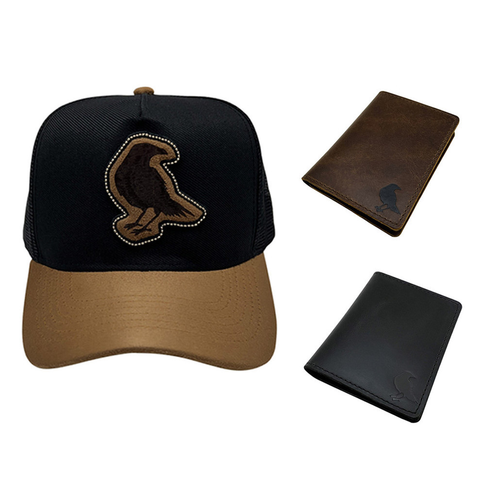 Boné Agro Country Trucker Tela Redinha E 02 Carteiras Em Couro Original Preto E Marrom