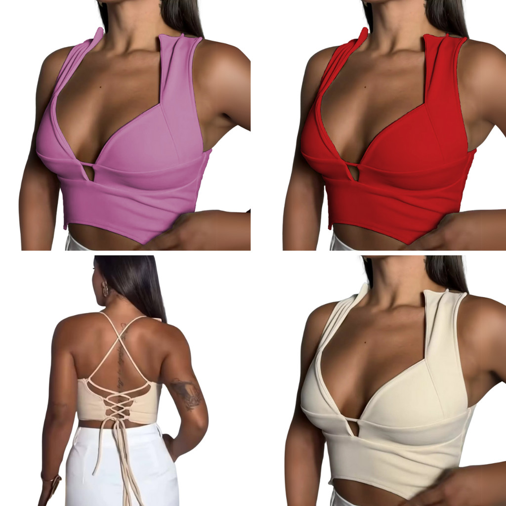 Cropped Feminino Blusa Scuba Amarração nas Costas Com Ajuste