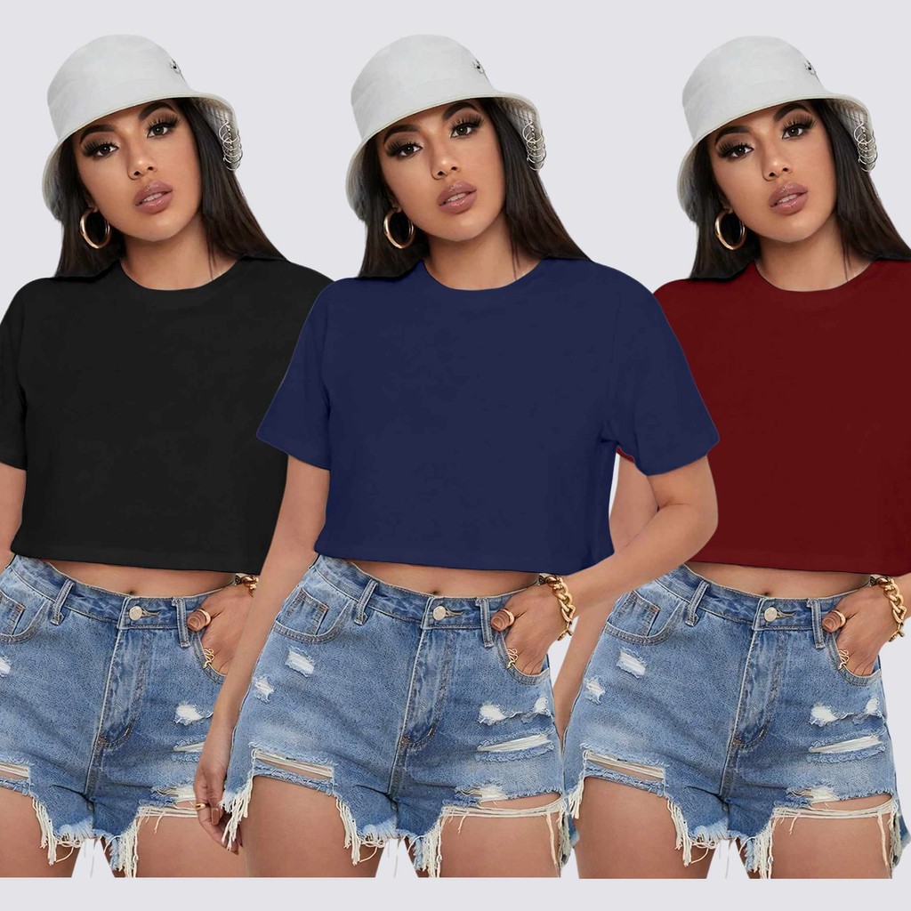 Kit com 3 Blusa Cropped Liso Sem Estampa Varias Cores Carnaval Tendência Academia Verão Moda Fitness