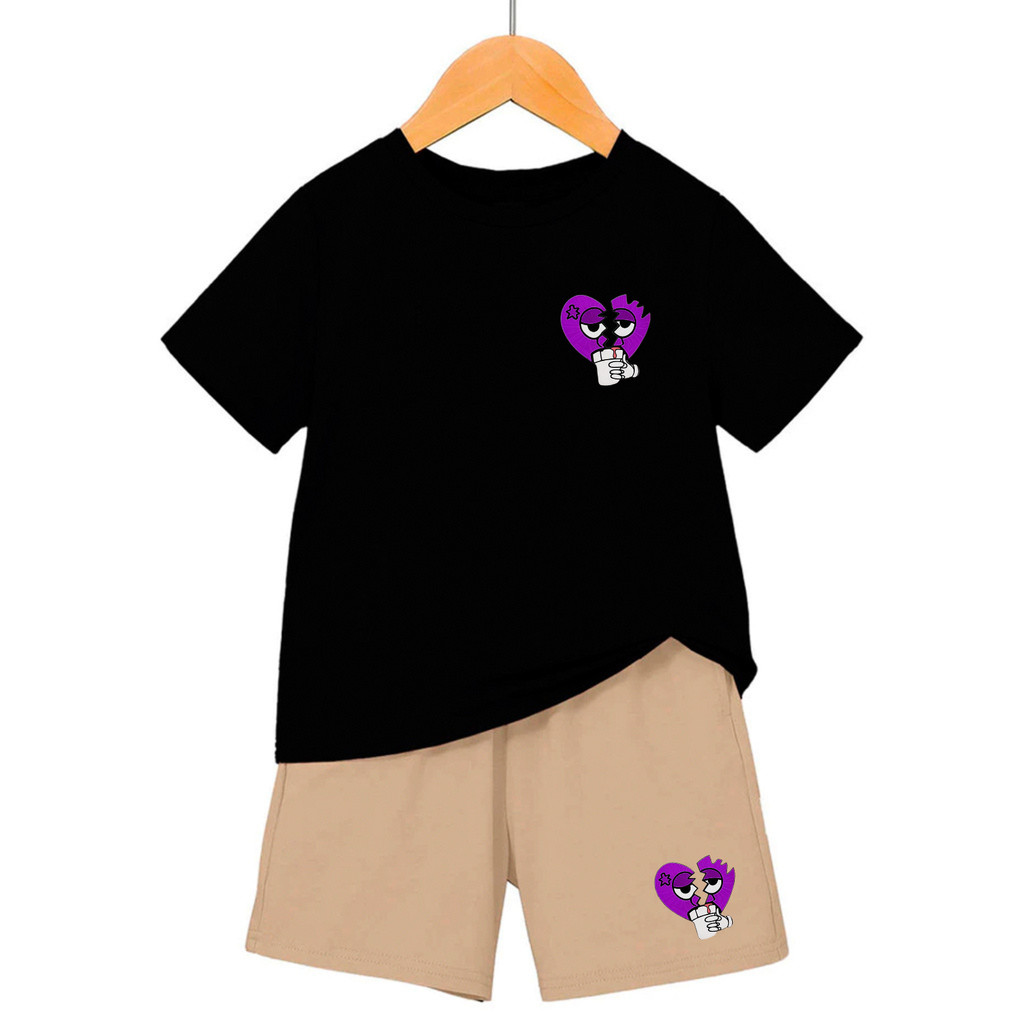 Conjunto Camiseta Infantil + Short Bermuda Moletom Infanto Juvenil Coração Streetwear Casual Algodão