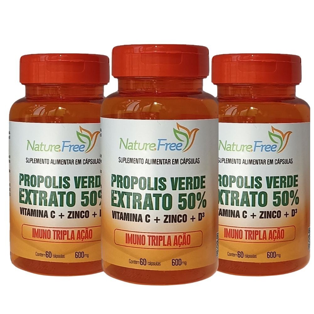 Kit 3 Suplemento Alimentar - Própolis Verde Extrato 50% + Vitamina C + Zinco + D³ 60 Cápsulas 600mg