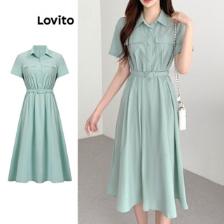 Lovito Vestido Feminino Casual Com Bolso Liso E Cinto Com Botão L77ED148