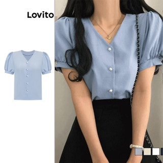 Lovito Blusa Elegante Simples Com Botões Plissados Para Mulheres L77ED192