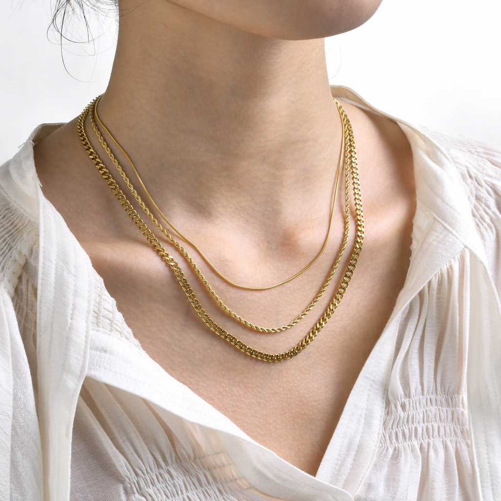 Vnox Conjunto De Três Peças Colar De Corrente Para Menina Feminina , 18K Gold Twists Redonda De Cobra Cubana Jóias