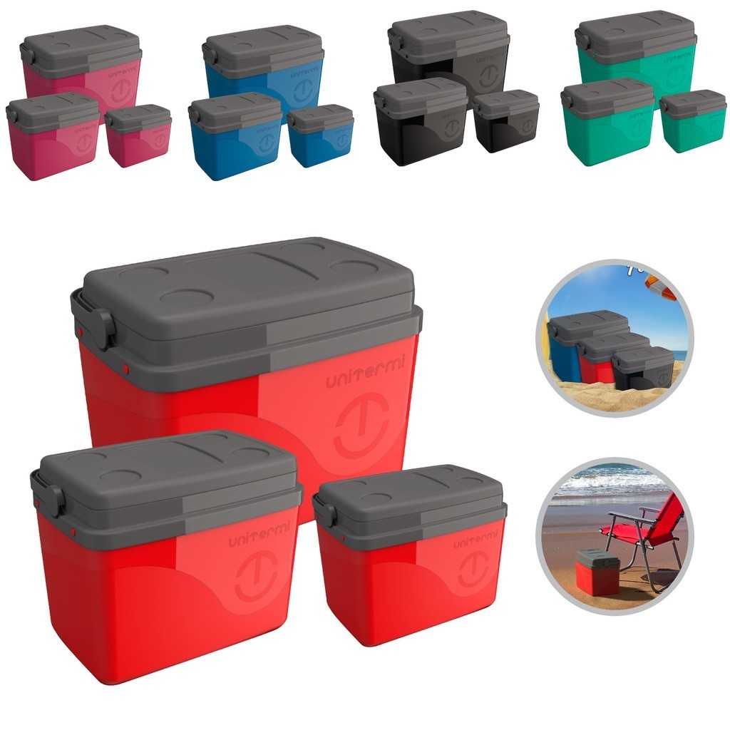 Kit Caixa Termica Coller 7,5L 15L e 30L Camping Pesca Praia Tampa com Alça - Unitermi