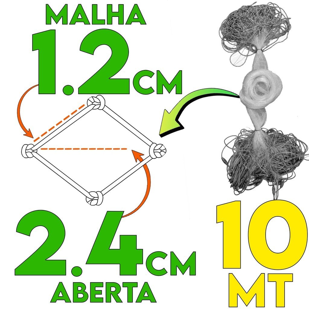 Redinha Pega Peixe Pronta 10M Malha 1.2 (1,2cm entre nós e 2,4cm aberta) Fio 0.20 Rede Pesca 2,4m Pescaria 20x12x100x10m em Oferta na Shopee