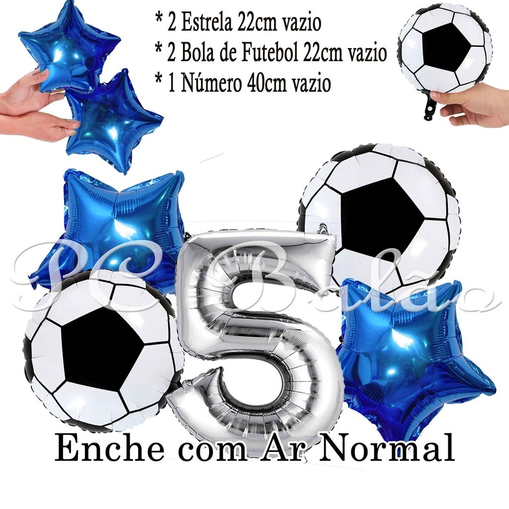 Kit 5 Balão Metalizado 2 Bola de Futebol 22cm + Número 40cm PRATA + 2 Estrela 22cm AZUL ROYAL Festa